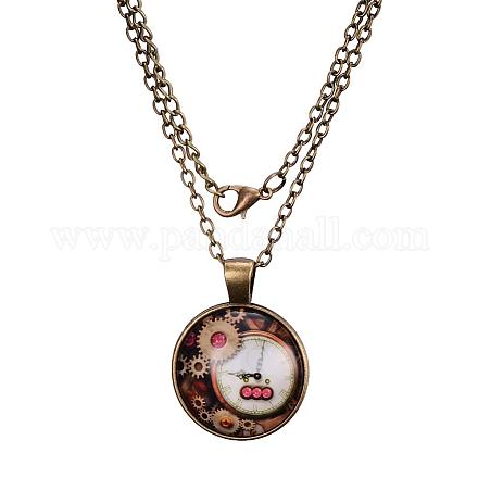 Vintage Dial Plate Gear Pattern Flat Round Glass Pendant Necklaces X-NJEW-N0051-002A-01-1