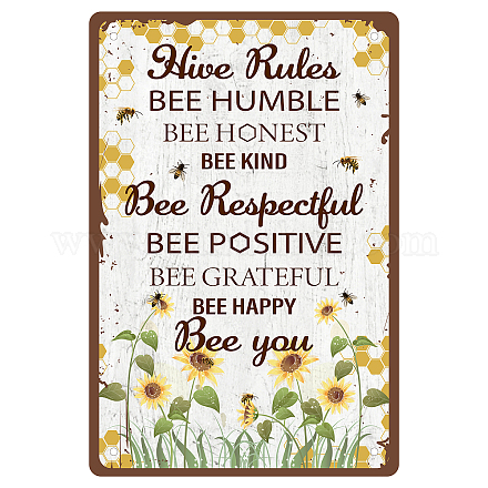 CREATCABIN Metal Tin Sign Hive Rules Bee Happy Retro Vintage Funny Wall Decor Art Mural Hanging Iron Painting for Home Garden Bar Pub Kitchen Living Room Office Garage Poster Plaque 8 x 12inch AJEW-WH0157-404-1
