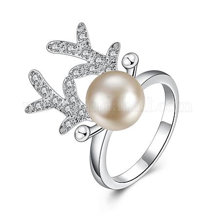 Deer Silver Plated Brass Cubic Zirconia Round Imitation Pearl Finger Rings For Party RJEW-BB12339-8-1