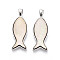 Alloy and Dyed Natural Paua Shell Pendants, Fish Charms, Platinum, Creamy White, 42.5~43x14.5~15x4.5~5mm, Hole: 6x3.5mm