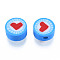 Handmade Polymer Clay Beads, Flat Round with Heart, Deep Sky Blue, 9.5~10x4.5~5mm, Hole: 1.6mm