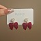 Heart with Bowknot Alloy Flocking Dangle Stud Earrings, with Imitation Pearl, Golden, Red, 33x24mm