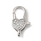 Brass Clear Cubic Zirconia Lobster Claw Clasps, Heart, Platinum, 20x11.5x5.5mm, Hole: 4.5x2mm