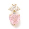 Brass Micro Pave Clear Cubic Zirconia Pendants, with Glass, Heart Charms, Real 18K Gold Plated, Pink, 24.5x13x12mm, Hole: 6x4mm