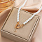 Alloy Crystal Rhinestone Letter Pendant Necklaces, White Plastic Imitation Pearl Round Beaded Initial Necklaces for Women, Golden, Letter L, 17.91 inch(45.5cm)