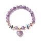 Bracelet extensible en perles rondes d'améthyste naturelle avec breloques en forme de cœur pour femme BJEW-TA00245-1