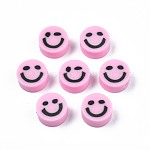 Perles en pâte polymère manuel, plat rond avec un visage souriant, perle rose, 8~9x4mm, Trou: 1.5mm