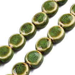 Fili di perline in ceramica di porcellana fatti a mano, fantasia antico porcellanato smaltato, rotondo e piatto, verde oliva, 10.5~12x5.5~7mm, Foro: 2 mm, circa 28~29pcs/filo, 12.28~12.72 pollice (31.2~32.3 cm)