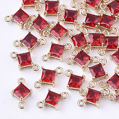 Conectores de enlaces de vidrio transparente, con fornituras de latón, facetados, rombo, la luz de oro, rojo, 11x7x4mm, agujero: 1 mm, longitud de lado: 5 mm