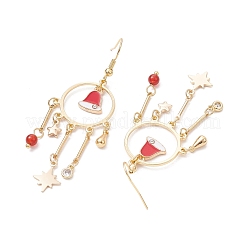 真鍮製ダングルピアス  クリスマスベル合金エナメルチャームと天然カーネリアンと真鍮の留め具付き女性用  ゴールドカラー  71x24mm&nbsp;EJEW-TA00454
