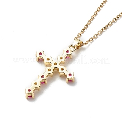 Колье с кулоном в виде креста из кубического циркония цвета фуксии&nbsp;NJEW-JN04084