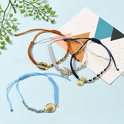 調整可能なナイロンスレッド編みビーズブレスレットセット  合金リンクと丸い真鍮ビーズ付き  殻の形とヒトデとココナッツの木  ゴールドカラー  ミックスカラー  内径：1-3/8~3-3/4インチ（3.5~9.7cm）  4個/セット&nbsp;BJEW-JB05545