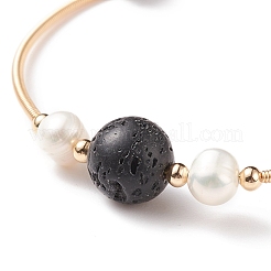 Bracciale rigido con perline rotonde in pietra lavica e perle naturali&nbsp;BJEW-JB08464-01