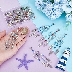 12 шт. 12-цветная плетеная сетка/паутина с перьевым сплавом и подвесными украшениями из стеклянных бусин&nbsp;PALLOY-PH01735