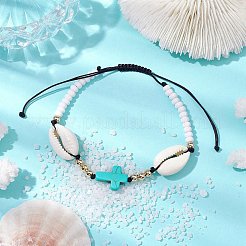 Braccialetti con perline intrecciate con turchese sintetico e conchiglia di ciprea naturale&nbsp;BJEW-JB10357-01