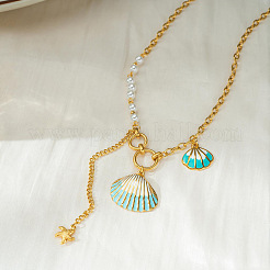 Collares con colgante en forma de concha de acero inoxidable 304 esmaltado con perla de plástico blanca para mujer&nbsp;WGC94A0-01