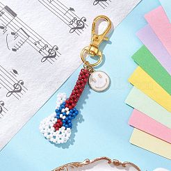楽器 手作りガラス シードビーズ ベース ペンダント 装飾  笑顔の合金エナメルチャームと回転式ロブスタークロウ留め金付き  ゴールドカラー  79mm&nbsp;HJEW-MZ00161