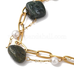 Многониточные браслеты самородки из натурального мохового агата и искусственного жемчуга BJEW-P326-01A-G