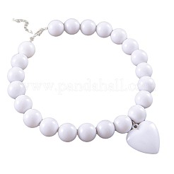 ガラスのハートペンダント、丸いプラスチックビーズネックレス（女性用）  プラチナ  ホワイト  18.90インチ（48cm）&nbsp;FS-WG4AA6D-01