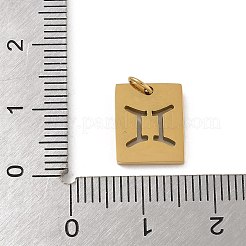 304ステンレススチールチャーム  丸カン付き  ゴールドカラー  星座チャーム付き長方形  双子座  12x10x1.5mm  穴：3mm&nbsp;LS-STAS-R001-03G-03