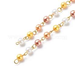 ハンドメイドガラスパールラウンドビーズチェーン  真鍮製アイピン付き  溶接されていない  きいろ  13x6mm  約3.28フィート（1m）/箱&nbsp;AJEW-SZ0002-40E