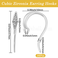 真鍮製ピアスフック8組  クリアキュービックジルコニアと水平ループ付き  プラチナ  17x10x2mm  穴：1mm  ピン：0.5mm&nbsp;KK-BBC0027-65P