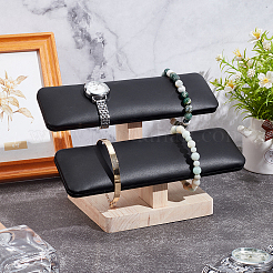 2-уровневые подставки для браслетов из искусственной кожи с Т-образной планкой и деревянным основанием&nbsp;BDIS-WH0010-09B