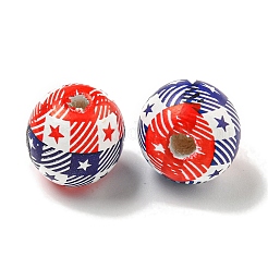 プリントウッドヨーロピアンビーズ  ラウンド  アメリカ国旗スタイル  ミッドナイトブルー  15.5~16mm  穴：4~4.5mm&nbsp;WOOD-G022-07B