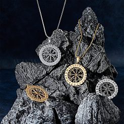 6個 2色 304ステンレススチール 北欧バイキングコンパスお守りペンダント  フラットラウンド  ゴールデン·ステンレス鋼色  33.5x30x1.5mm  3個/カラー&nbsp;STAS-UN0038-27