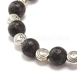Bracelet extensible rond en pierre de lave naturelle et perles en alliage de cœur&nbsp;BJEW-JB07458