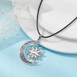 チベットスタイルの合金月と太陽のペンダントネックレス、ワックスコード付き  アンティークシルバー  17.72インチ（45cm）&nbsp;NJEW-JN04458
