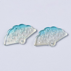 透明スプレー塗装ガラスペンダント  片面キラキラパウダー付き  ファン  淡いターコイズ  20x34.5x3.5mm  穴：1.2mm&nbsp;GLAA-R212-01-A03