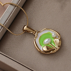 Женские ожерелья с подвеской в виде цветка из нержавеющей стали 304 с эмалью и искусственным жемчугом&nbsp;DU2502