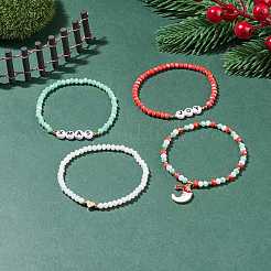 4 Stück 4 Stil Glasstretch-Armbänder mit Wort-Weihnachtsfreude-Acrylperlen&nbsp;BJEW-TA00126