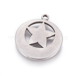 変色しない304ステンレススチールペンダント  ウィッカペンダント  スターとフラットラウンド  ステンレス鋼色  29x26x2.5mm  穴：2.4mm&nbsp;STAS-L226-048P