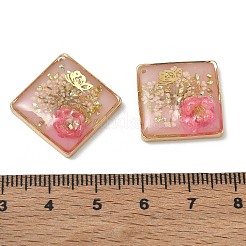 真鍮メッキ、透明エポキシ樹脂、ドライフラワーのペンダント  花と蝶の模様が入った菱形のチャーム  グリッターパウダー付き  ピンク  25x24.5x6mm  穴：0.9mm&nbsp;RE-CBAA153-05C