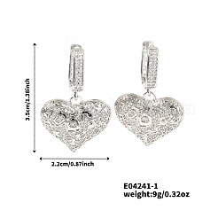 フレンチスタイルのハート真鍮クリアキュービックジルコニアフープピアス  銀  35x22mm&nbsp;OS1413-1