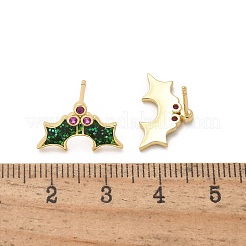 真鍮製マイクロパヴェキュービックジルコニアスタッドピアス  エナメルとパレット付き  ラックめっき  長持ちメッキ  鉛フリー＆カドミウムフリー  ヒイラギの葉  18KGP本金メッキ  10x16mm&nbsp;EJEW-Q015-08G