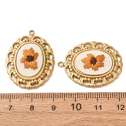 304ステンレススチールと布刺繍のペンダント  オーバル フラワーチャーム付き  イオンプレーティング（ip）  長持ちメッキ  18KGP本金メッキ  チョコレート  30.5x23x4mm  穴：1.9mm&nbsp;FB-CBAFBAF-13G-04