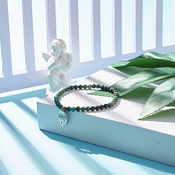 Круглый эластичный браслет из натуральной австралийской бирюзы (яшма) из бисера с подвеской в виде листа BJEW-JB07587-02