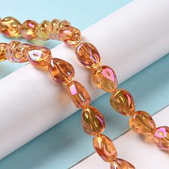 透明電気メッキガラスビーズ連売り  虹メッキ  ティアドロップ  ダークオレンジ  11x9x6.6mm  穴：1.1mm  約55個/連  24.25インチ（61.6cm）&nbsp;GLAA-C025-02A