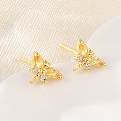 真鍮製 マイクロパヴェ キュービックジルコニア スタッドピアス 女性用  トンボ  カドミウムフリー＆鉛フリー  長持ちメッキ  ラックめっき  18KGP本金メッキ  ゴールド  6.5x9.5mm&nbsp;KK-A305-08G-07