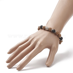 Pietra preziosa e testa buddista in lega e braccialetto elasticizzato con perline di legno per le donne&nbsp;BJEW-JB09151