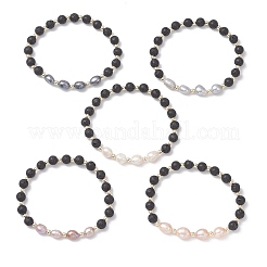 Браслеты из натуральных бусин из лавы и культивированного пресноводного жемчуга для женщин BJEW-JB12868