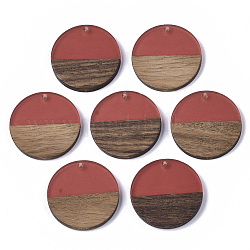 Transparent Resin & Walnut Wood Pendants, Flat Round, Indian Red, 28.5x3.5~4mm, Hole: 1.5mm