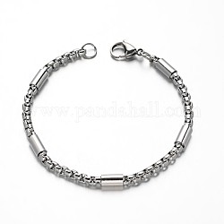 Bracelets à chaînes carrées en 304 acier inoxydable, avec des perles tubulaires et fermoirs pince de homard, couleur inoxydable, 8-1/4 pouce (210 mm), 4mm