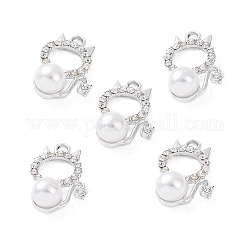 Pendenti strass in lega, con perle di plastica imitazione perla in abs, fascino del gatto, platino, 24x16.5x9mm, Foro: 2.5 mm