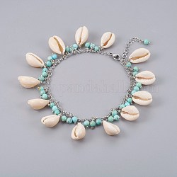 Bracelets cheville cauris, avec des perles de turquoise et synthétiques accessoires en 304 acier inoxydable, couleur de coquillage, 9-5/8 pouce (24.5 cm)
