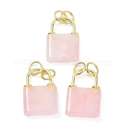 Pendentifs de quartz rose naturel, avec des accessoires en laiton doré et des anneaux de saut, sans cadmium et sans plomb, verrouiller, 27x18x5.5mm, Trou: 6mm