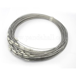201 cordon de collier en fil d'acier inoxydable, agréable pour les bijoux DIY faisant, avec du laiton fermoir à vis, couleur d'argent, 17.5 pouce, 1mm, fermoir: 12x4 mm